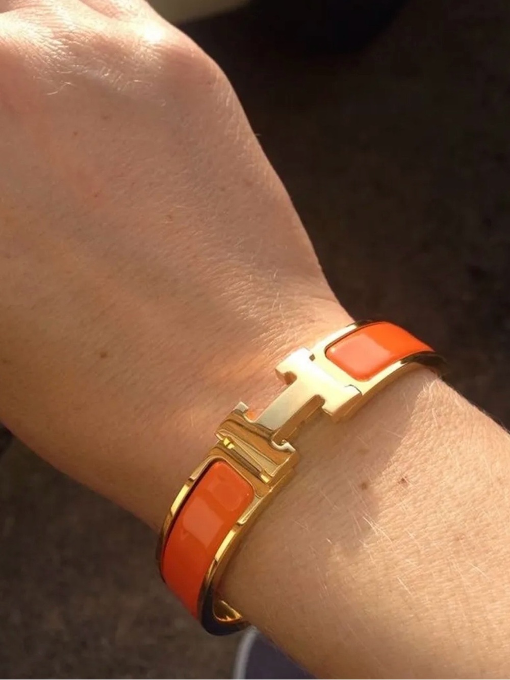 Gold and Orange Enamel H Cuff Bracelet - Women Jewelry